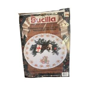 Bucilla FESTIVE TEDDIES Stamped Cross Stitch Christmas Tree Skirt Kit #83056 44”